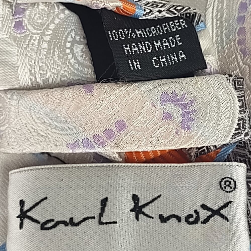 Karl Knox Men's White, Black, Orange, Purple Paisley 100% Microfiber Necktie - Picture 8 of 8
